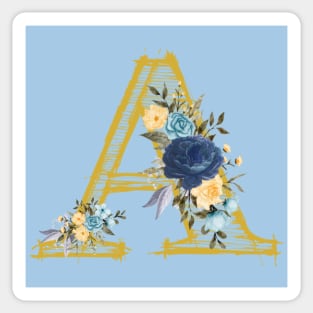 Monogram Letter A In Metallic Gold With Aesthetic Blue Flowers Botany And Tranquil Blue Background Pantone Color Sticker